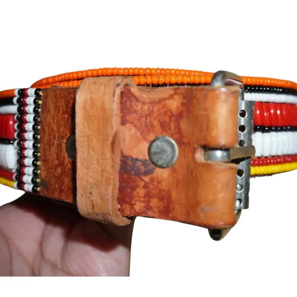 Vintage Handmade Beaded Leather Belt Southwestern Tribal Size 37